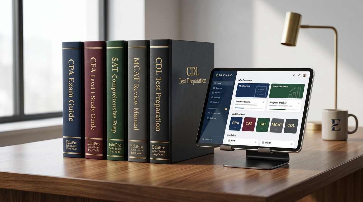 EduPro Suite Master Exam Prep Vault - CPA, CFA, SAT, Trade Math, CDL Hardcover Library and Bluebook Timed Simulator